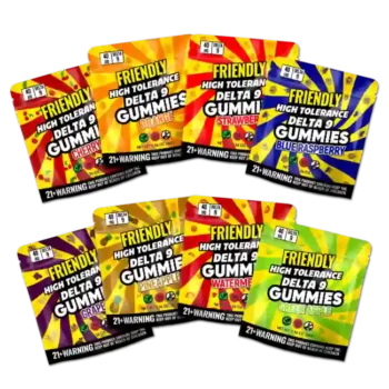 Image of Friendly Hemp's Delta 9 40MG Gummy in all 8 assorted flavors