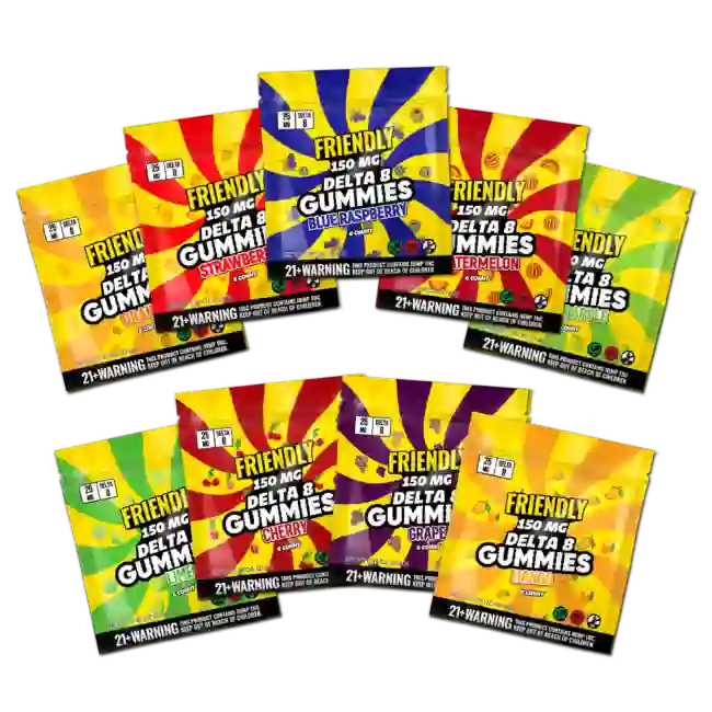 Friendly Hemp's Delta 8 150mg Gummies in all flavors.