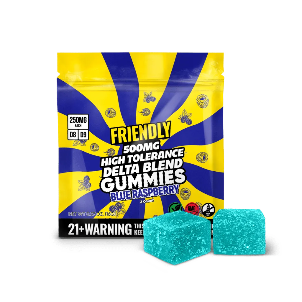 Friendly Hemp's Delta Blend 500MG Gummy in Blue Raspberry.