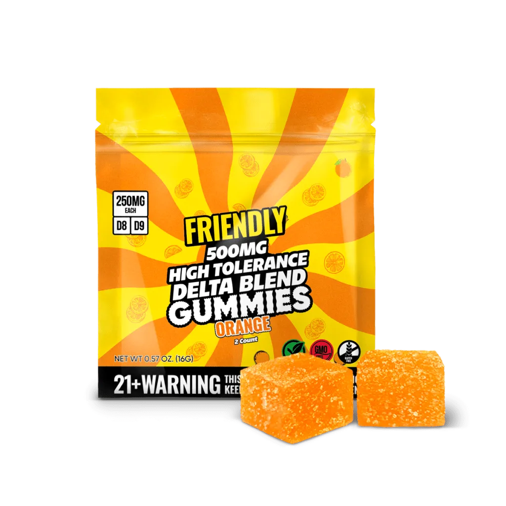 Friendly Hemp's Delta Blend 500MG Gummy in Orange.
