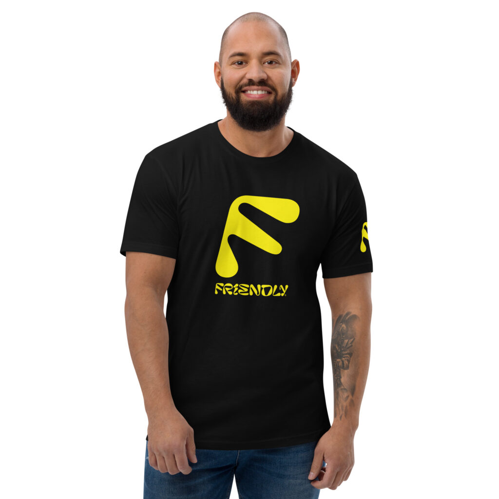 Male model wearing black Friendly T-shirt with F logo