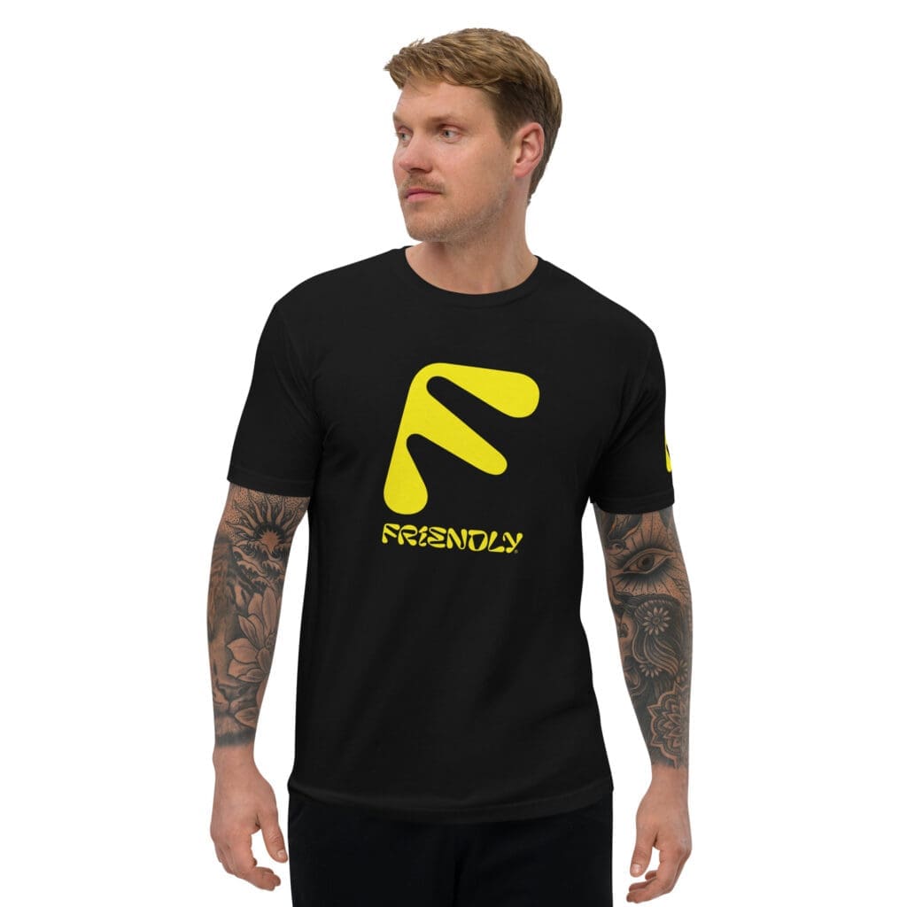 Male model wearing black Friendly T-shirt with F logo