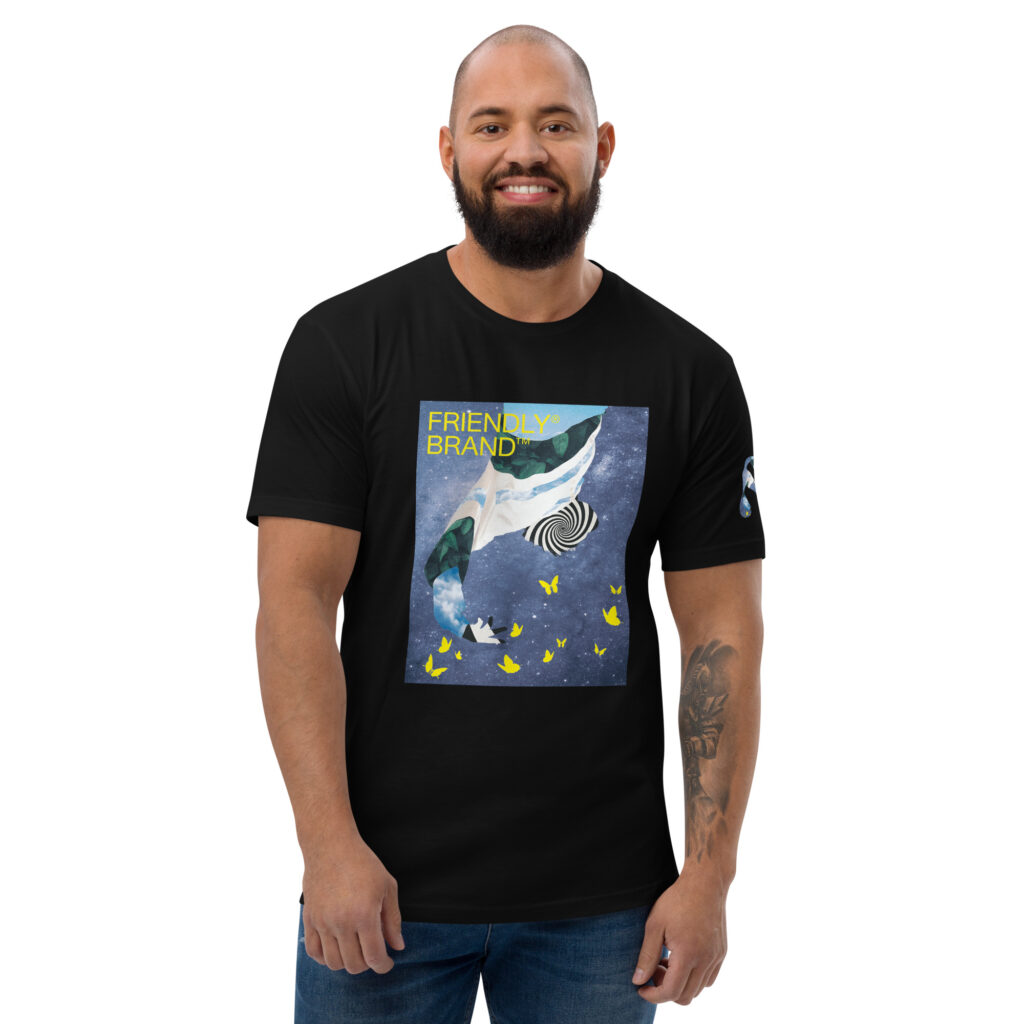 Male model wearing black Friendly T-shirt with spiral, galaxy, and butterflies