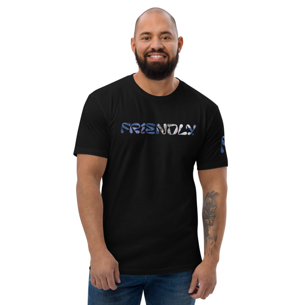 Male model wearing black Friendly logo T-shirt with galaxy and astronaut