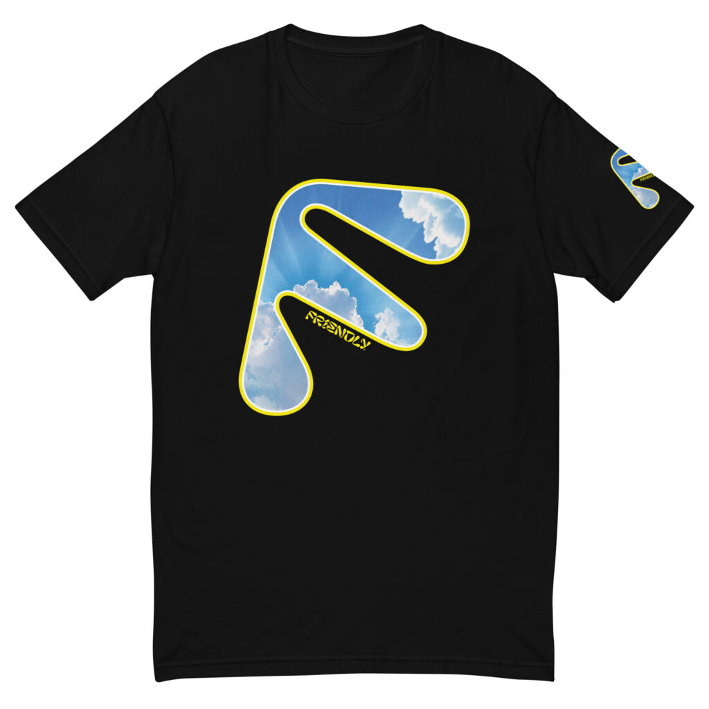 Black Friendly T-shirt with yellow logo outline and clouds