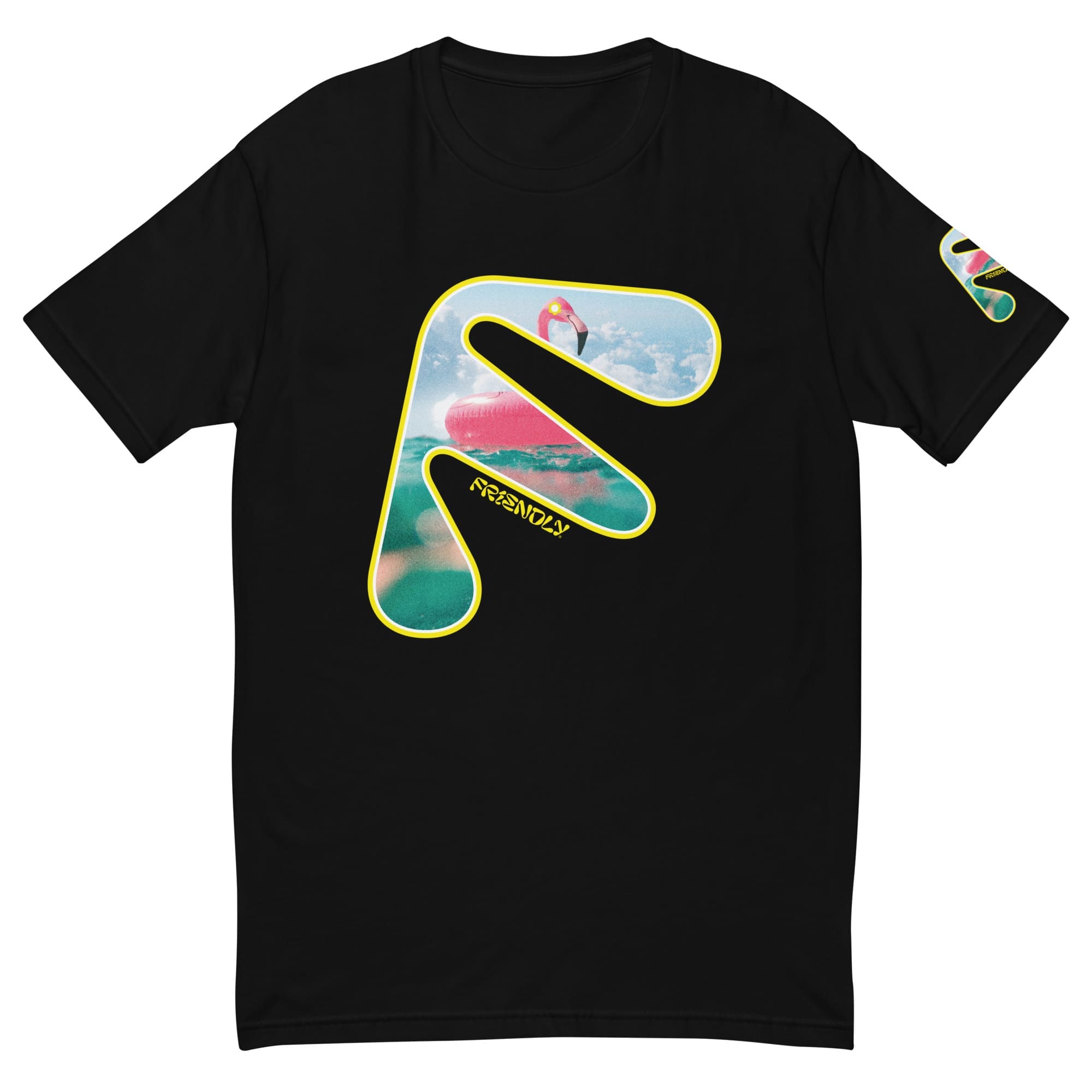 Black Friendly T-shirt with yellow logo outline and flamingo