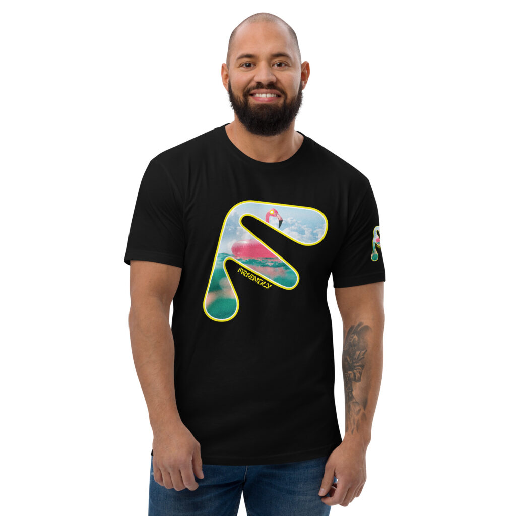 Male model wearing Black Friendly T-shirt with yellow logo outline and flamingo