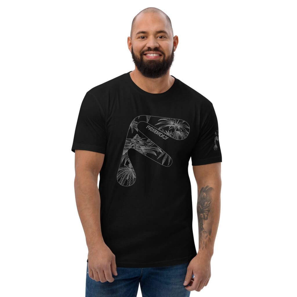 Male model wearing Black Friendly T-shirt with grey hemp flower