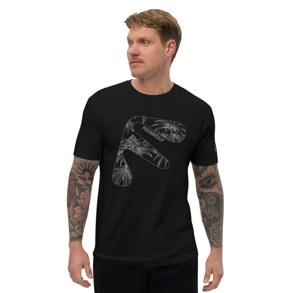 Male model wearing Black Friendly T-shirt with grey hemp flower