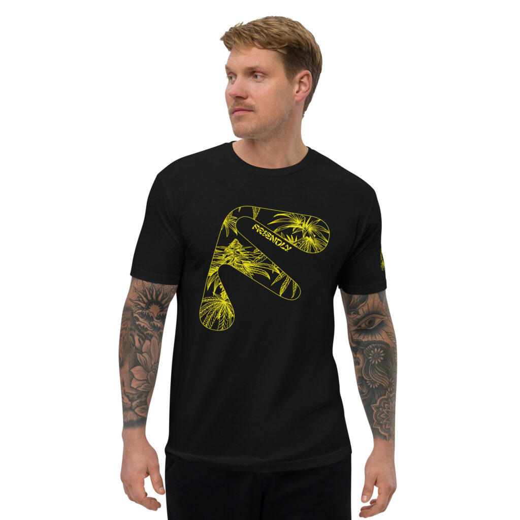 Male model wearing Black Friendly T-shirt with yellow hemp flower