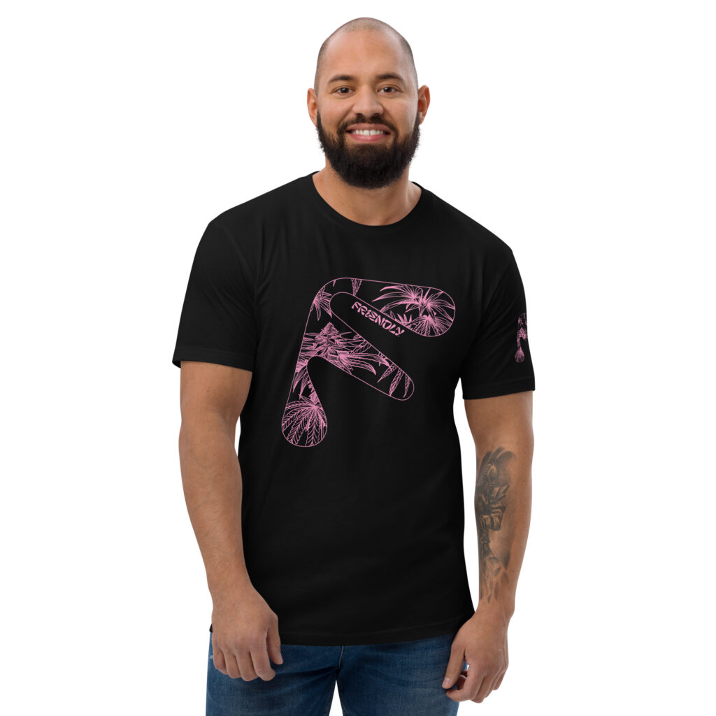 Male model wearing Black Friendly T-shirt with pink hemp flower