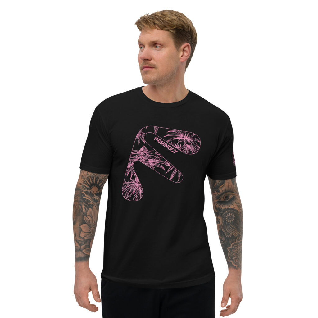 Male model wearing Black Friendly T-shirt with pink hemp flower