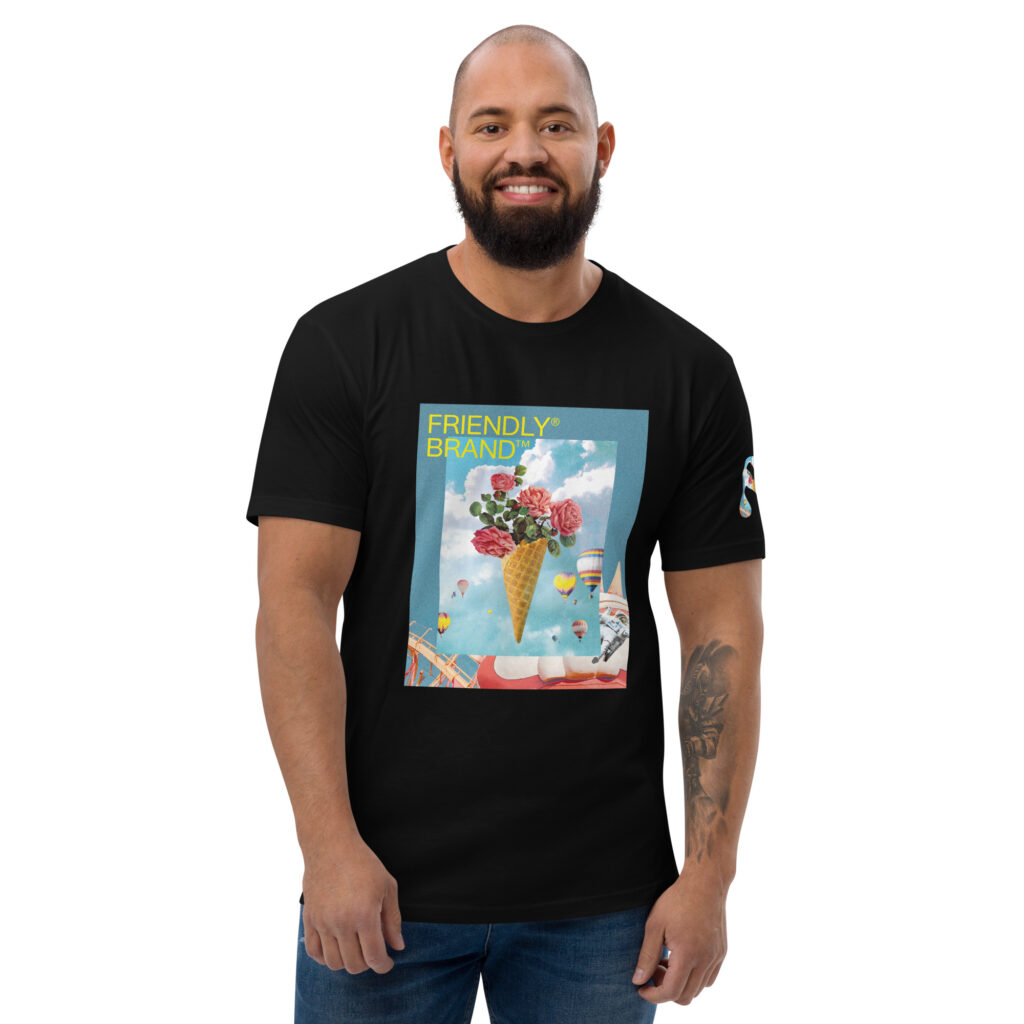 Male model wearing Black Friendly T-shirt with roses and hot air balloons