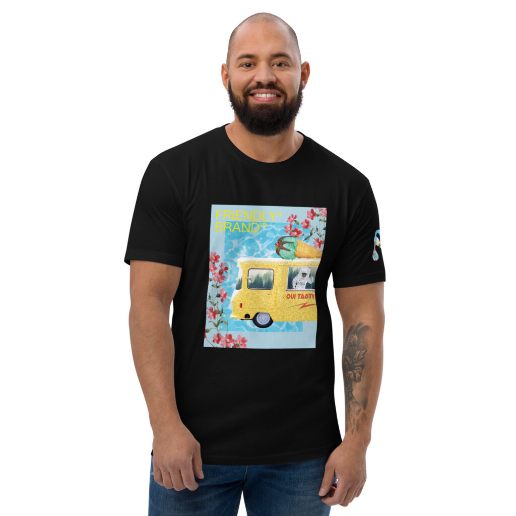 Male model wearing Black Friendly T-shirt with cheetah print ice cream truck