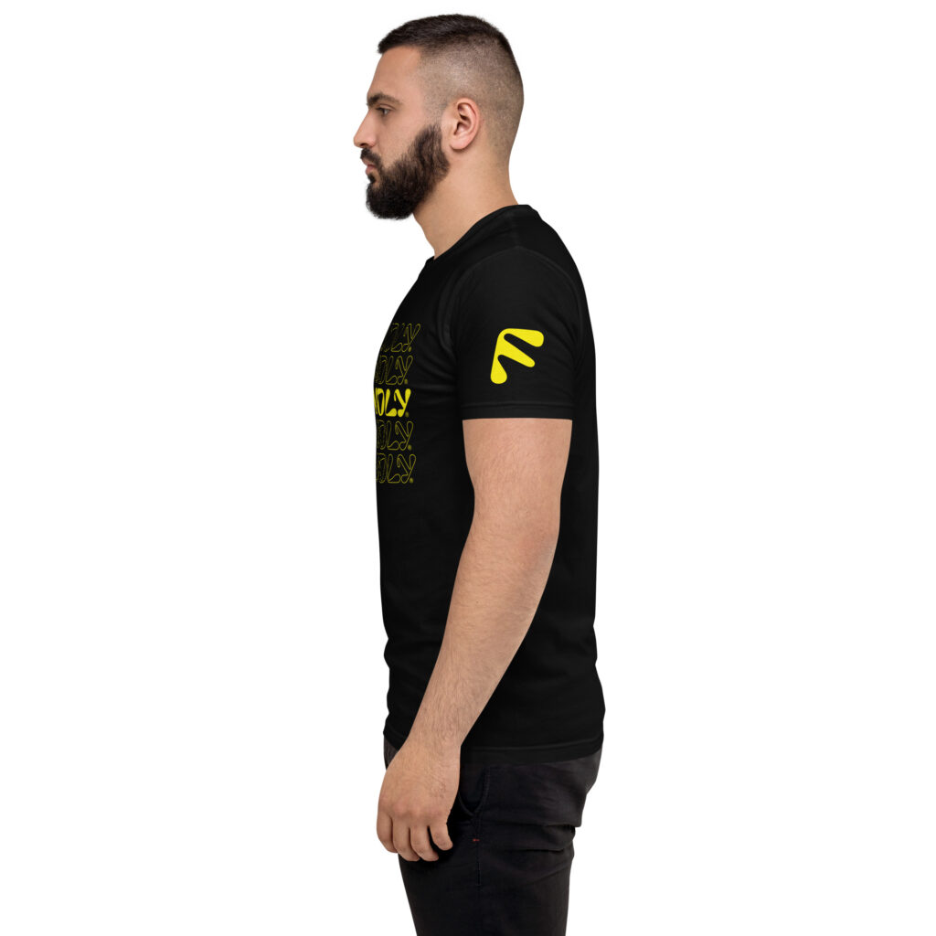 Side view of male model wearing black Friendly T-shirt with logo outline