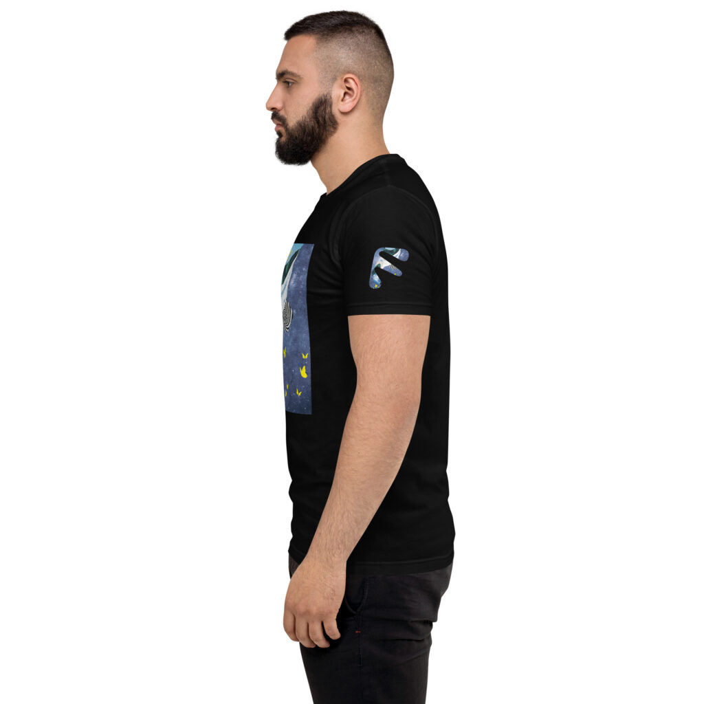 Side view of male model wearing black Friendly T-shirt with spiral, galaxy, and butterflies