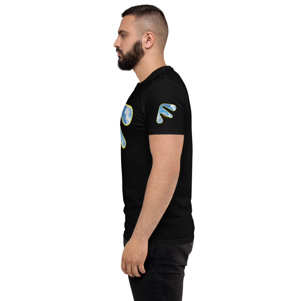 Side view of male model wearing black Friendly T-shirt with yellow logo outline and clouds
