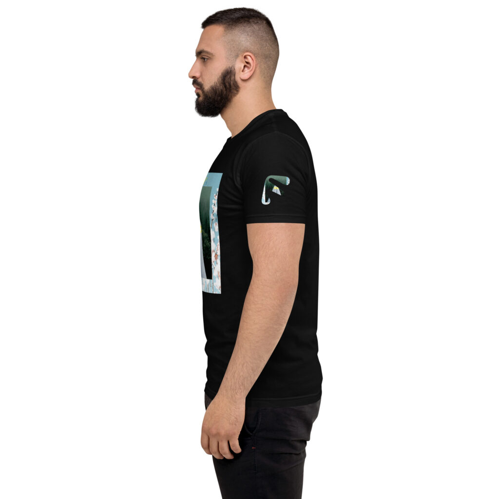 Side view of male model wearing Black Friendly T-shirt with ghost and white flowers
