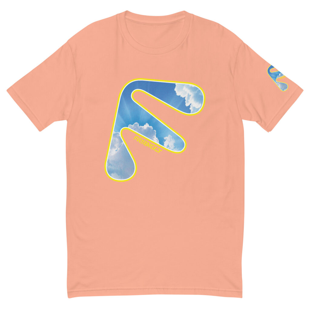 Desert Pink Friendly T-shirt with yellow logo outline and clouds