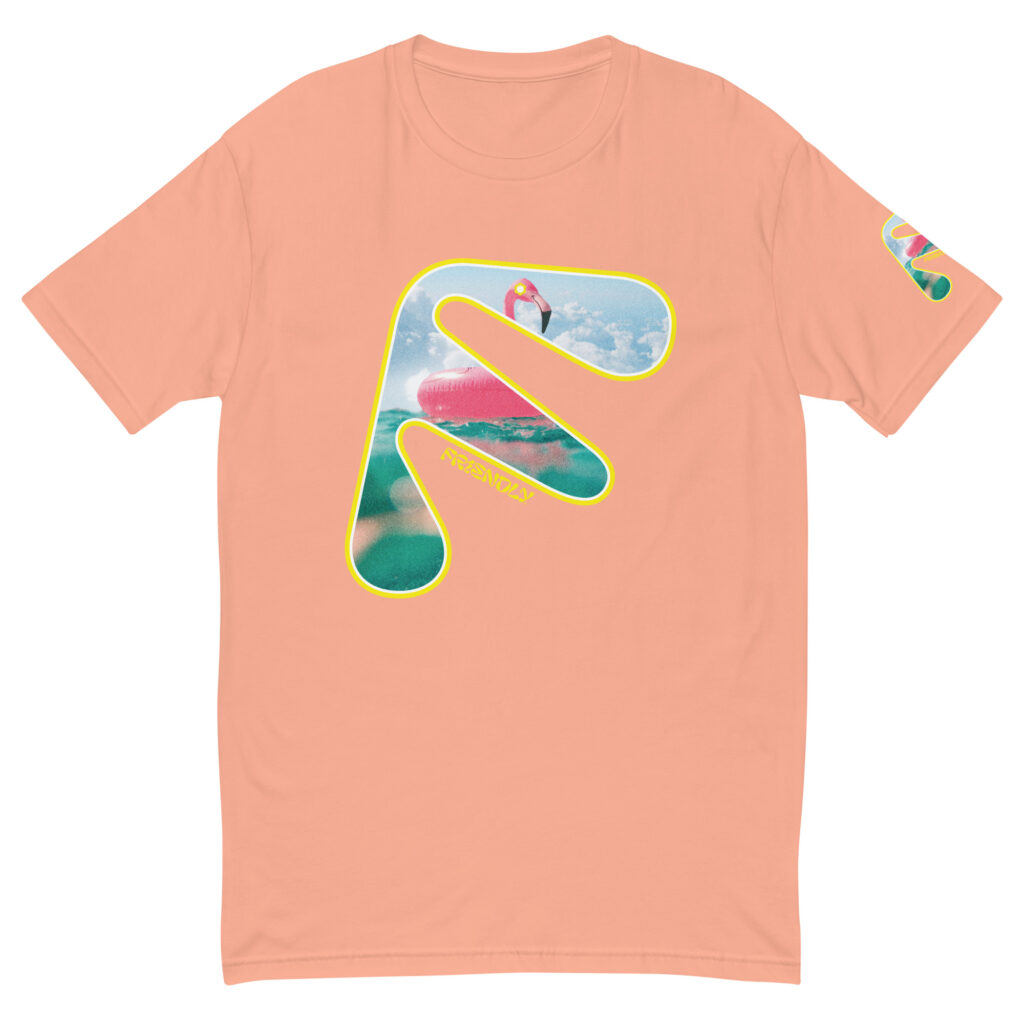 Desert Pink Friendly T-shirt with yellow logo outline and flamingo