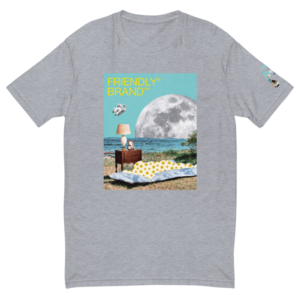 Grey Friendly T-shirt with moon and sunbather collage