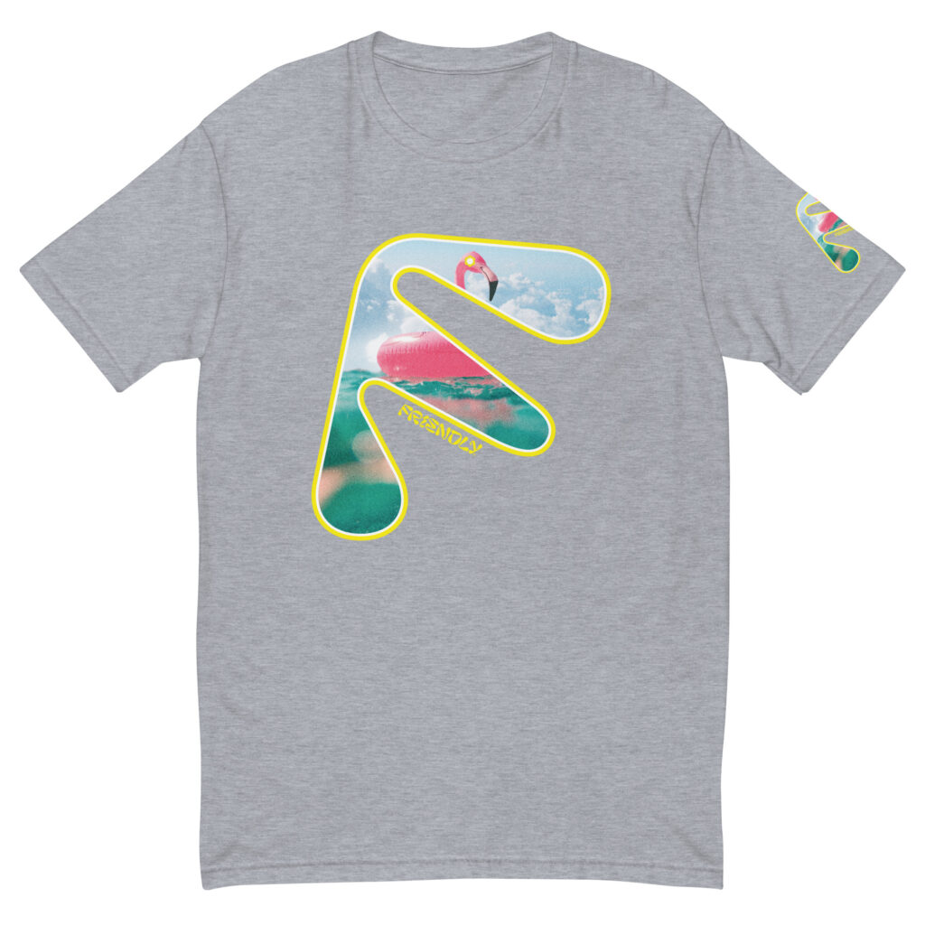 Grey Friendly T-shirt with yellow logo outline and flamingo