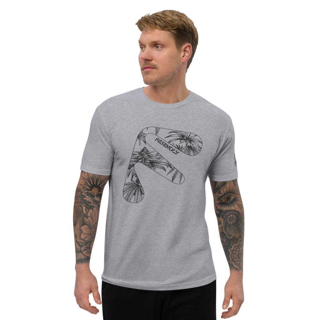 Male model wearing Grey Friendly T-shirt with black hemp flower