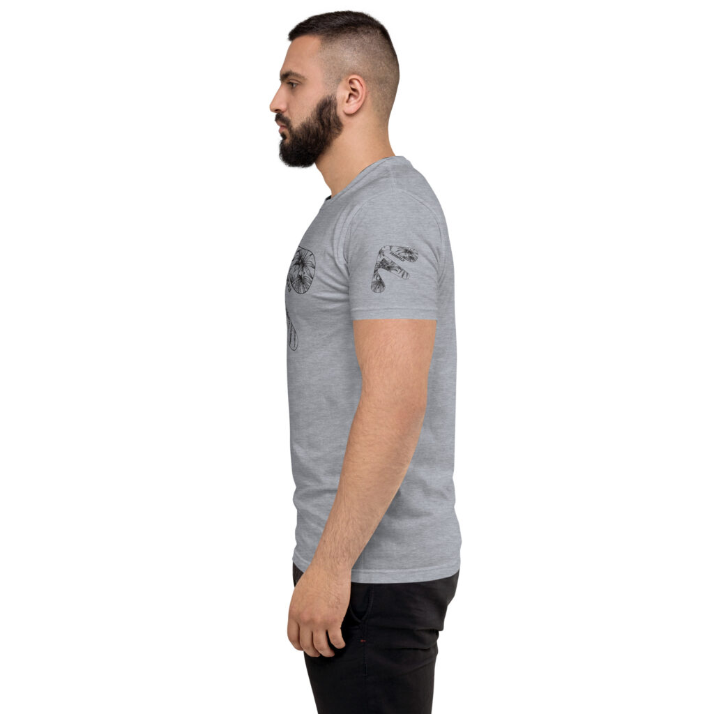 Side view of male model wearing Grey Friendly T-shirt with black hemp flower