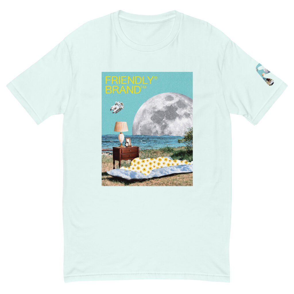 Light Blue Friendly T-shirt with moon and sunbather collage