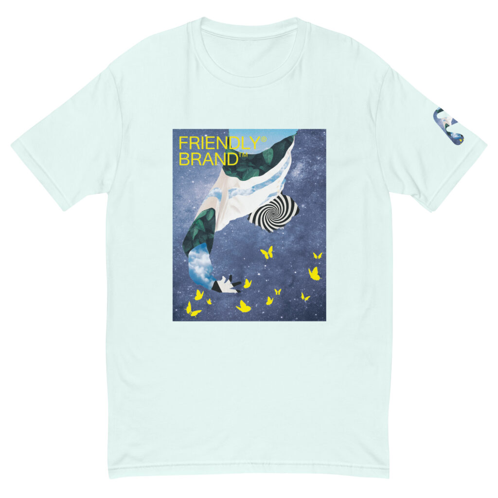 Light Blue Friendly T-shirt with spiral, galaxy, and butterflies