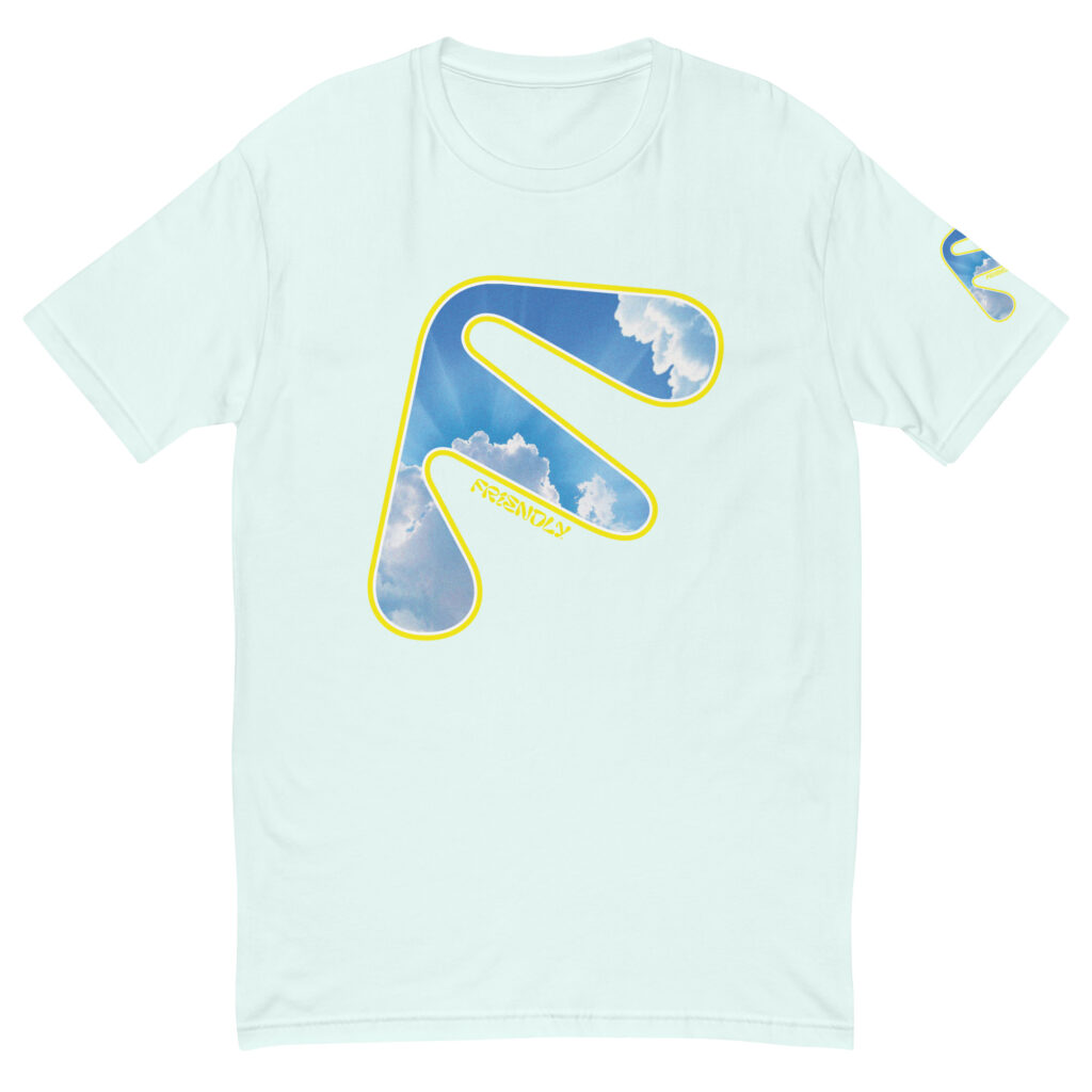 Light blue Friendly T-shirt with yellow logo outline and clouds