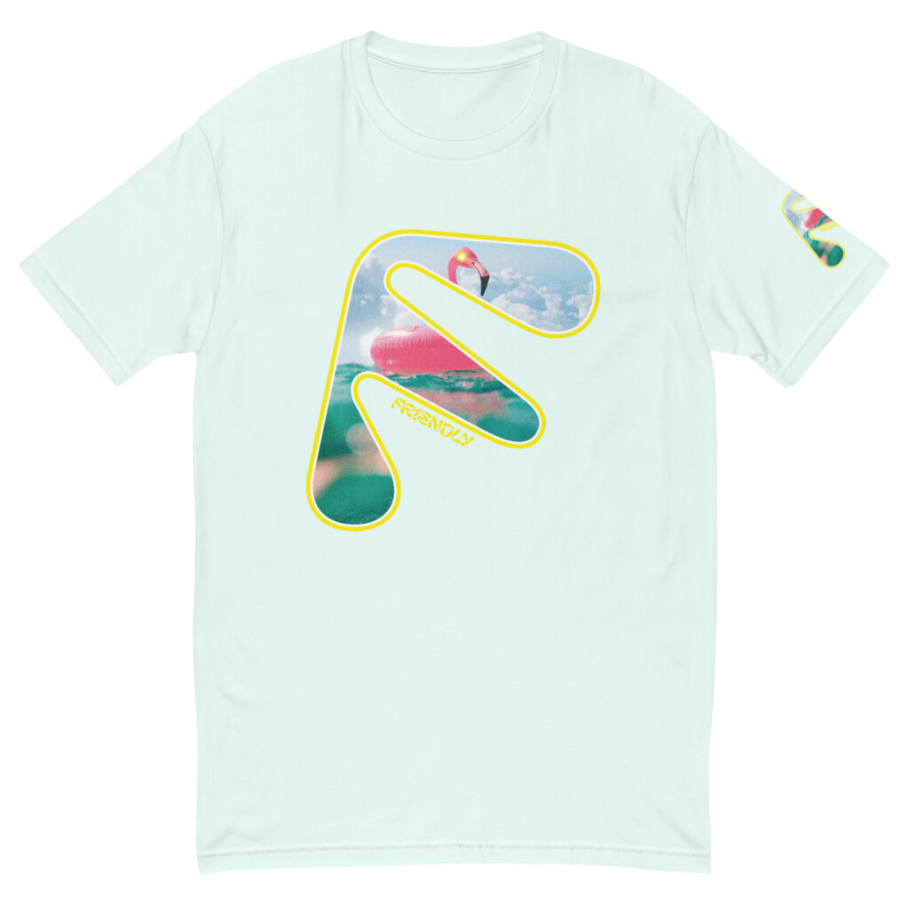 Light Blue Friendly T-shirt with yellow logo outline and flamingo