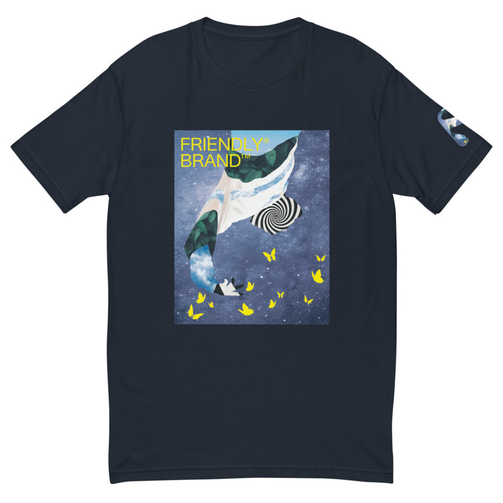 Navy Friendly T-shirt with spiral, galaxy, and butterflies