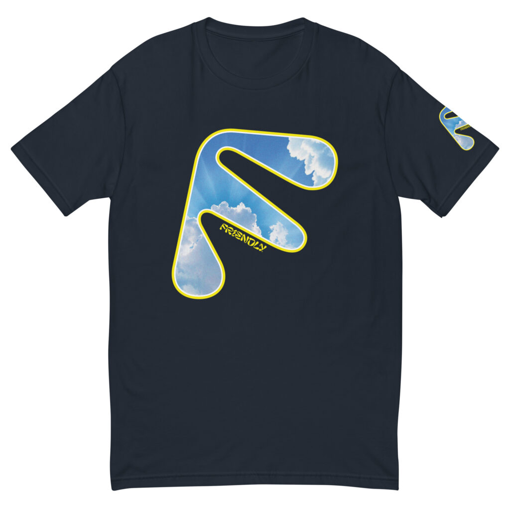 Navy Friendly T-shirt with yellow logo outline and clouds