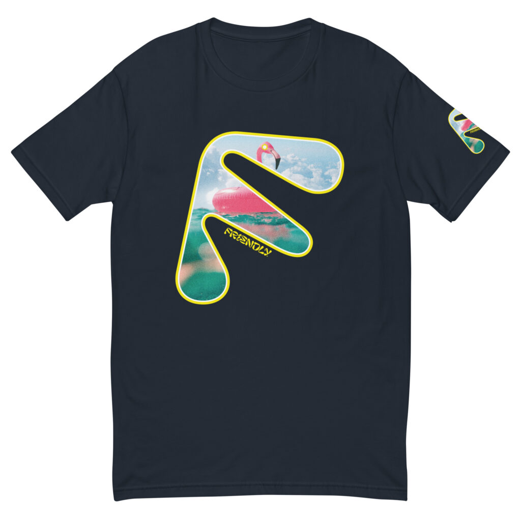 Navy Friendly T-shirt with yellow logo outline and flamingo
