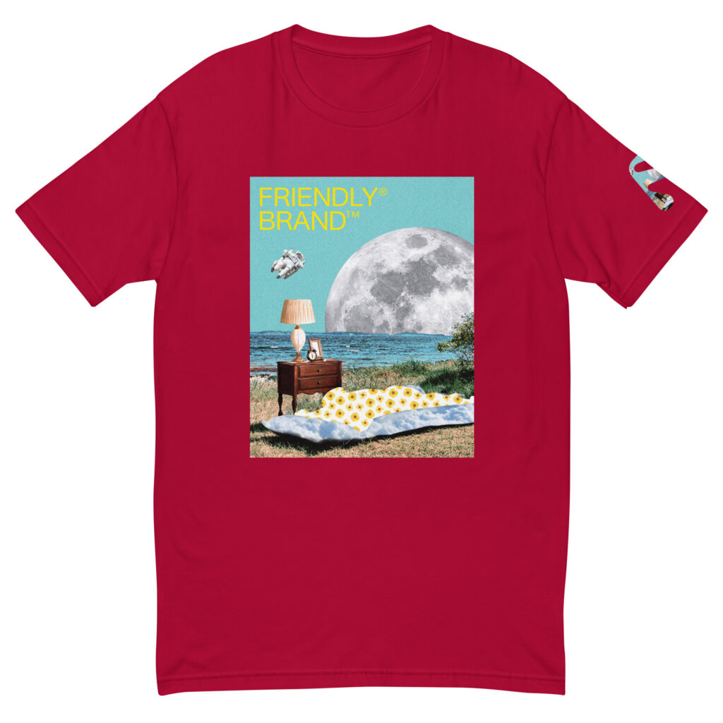 Red Friendly T-shirt with moon and sunbather collage