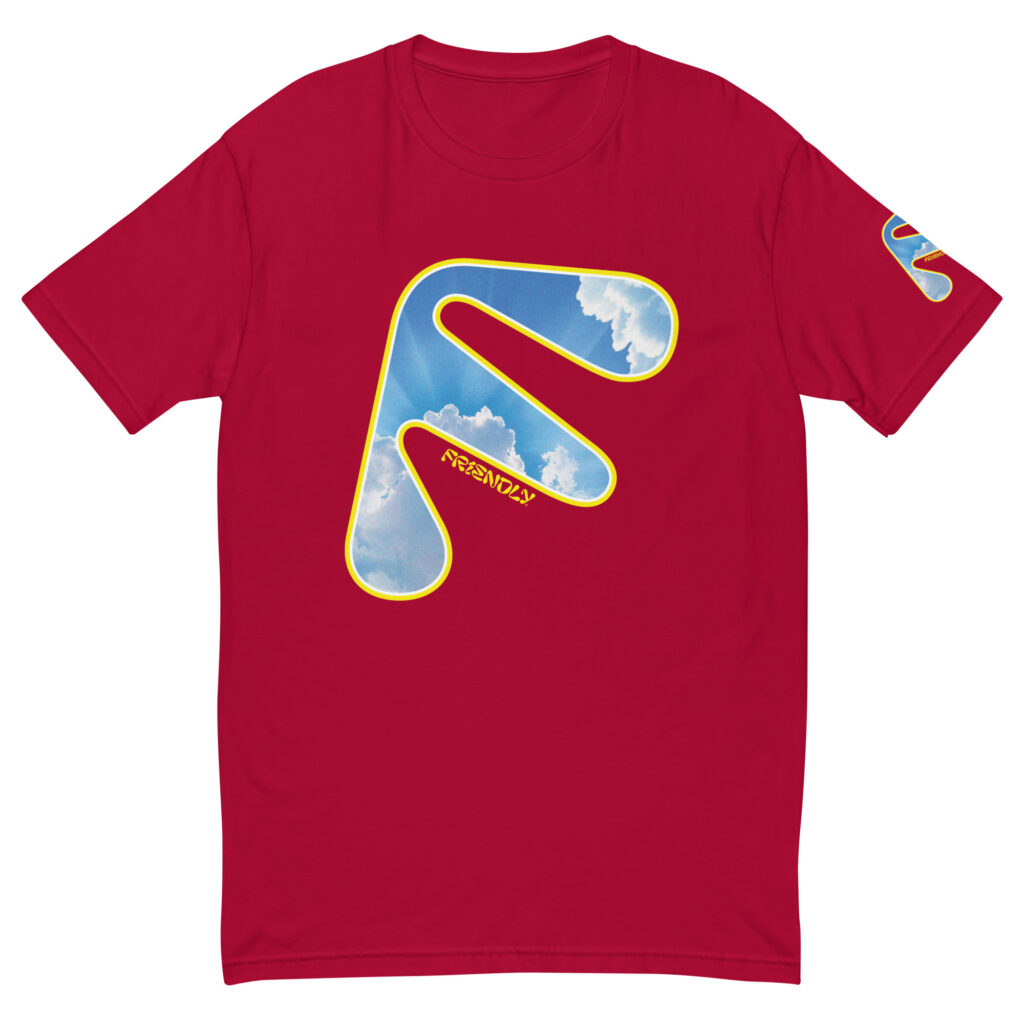 Red Friendly T-shirt with yellow logo outline and clouds