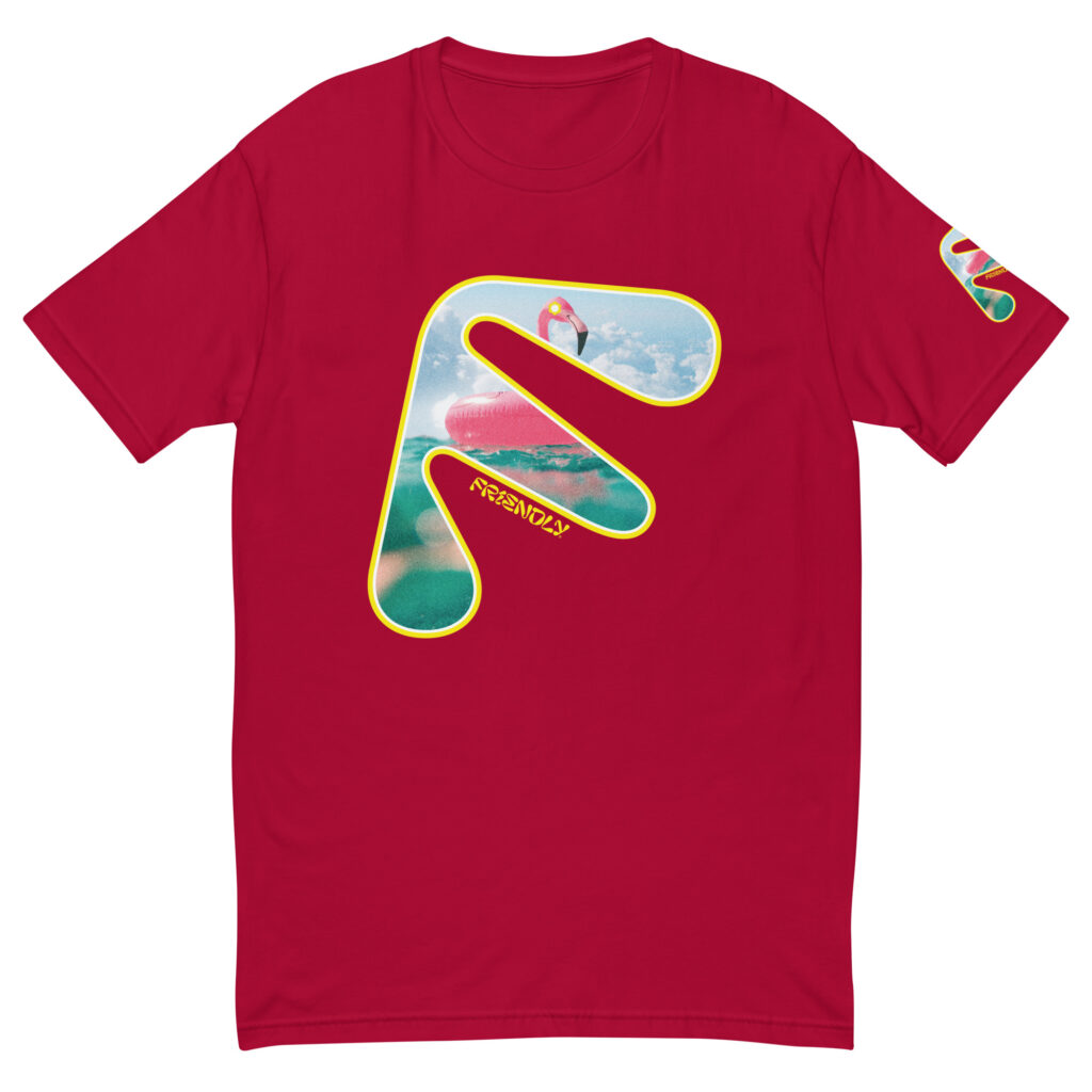 Red Friendly T-shirt with yellow logo outline and flamingo