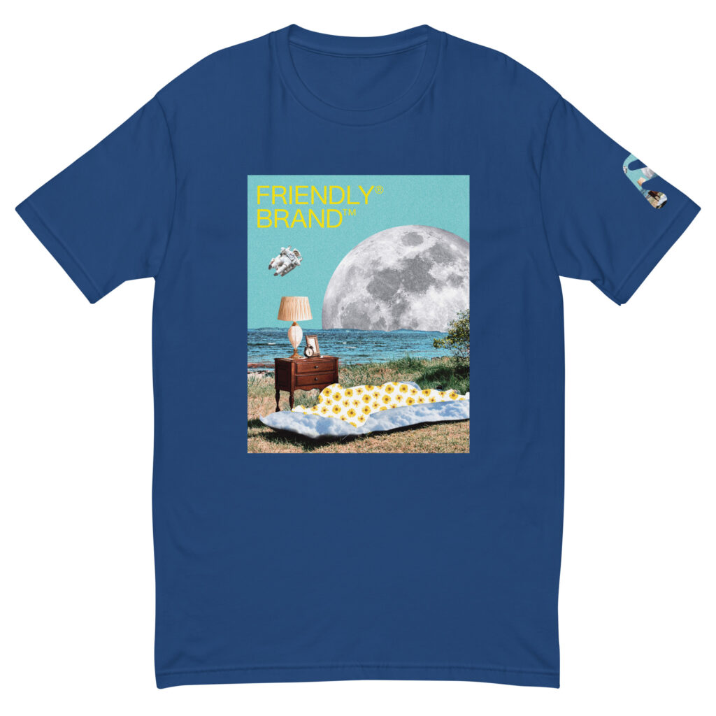 Blue Friendly T-shirt with moon and sunbather collage
