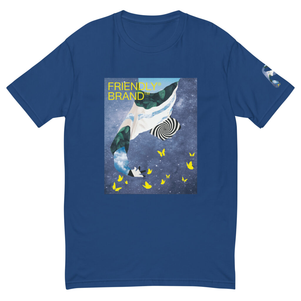 Blue Friendly T-shirt with spiral, galaxy, and butterflies