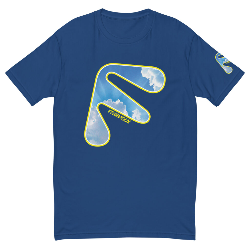 Blue Friendly T-shirt with yellow logo outline and clouds