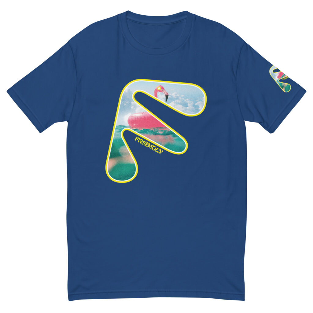 Blue Friendly T-shirt with yellow logo outline and flamingo