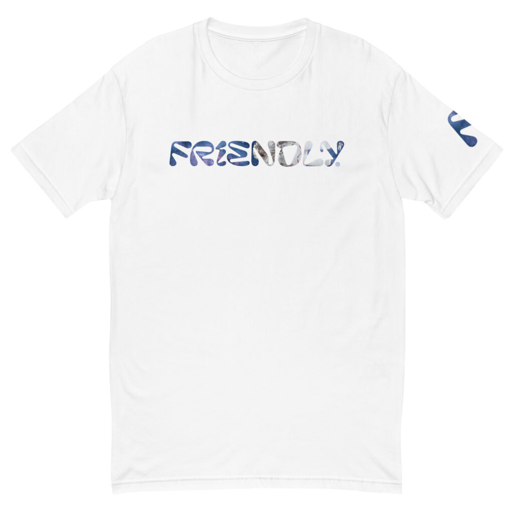 White Friendly logo T-shirt with galaxy and astronaut