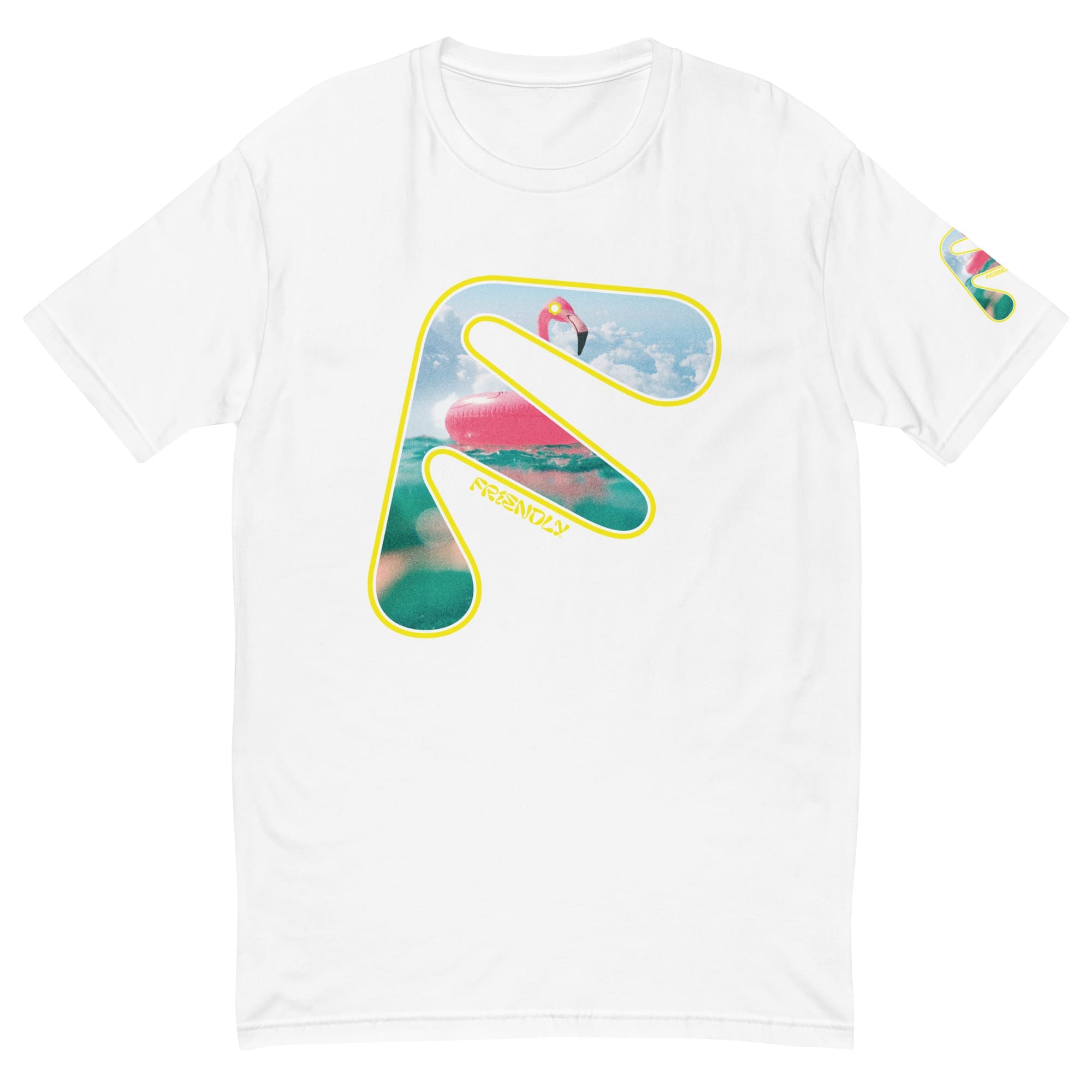 White Friendly T-shirt with yellow logo outline and flamingo