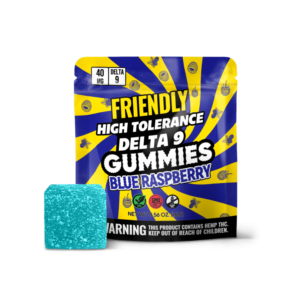 Image of Friendly Hemp's Delta 9 40MG Gummy 5 Pack in Blue Raspberry.