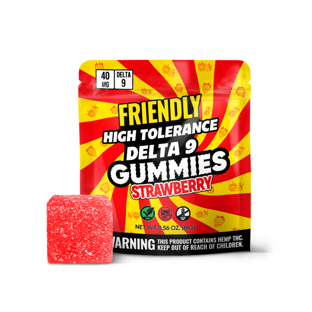 Image of Friendly Hemp's Delta 9 40MG Gummy 5 Pack in Strawberry.