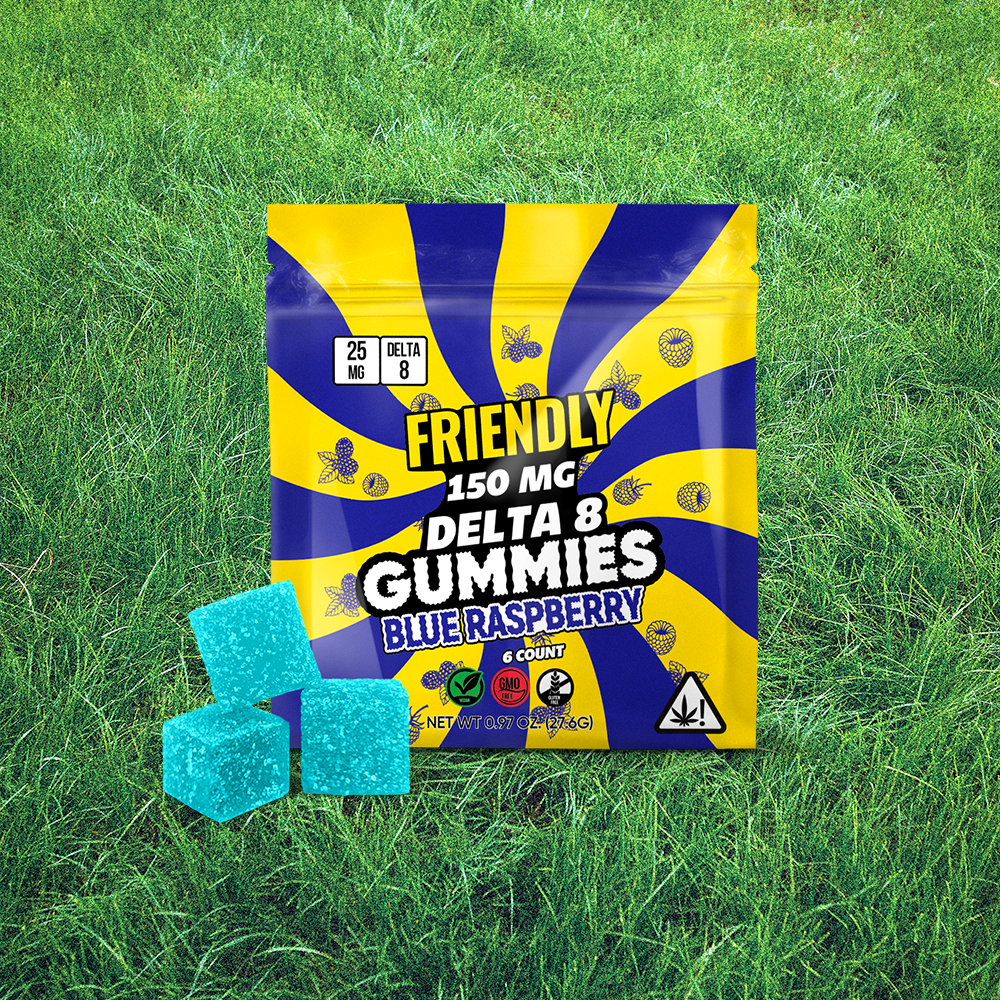 Image of Friendly Hemp's best-selling Delta 8 gummies on a green grass background.