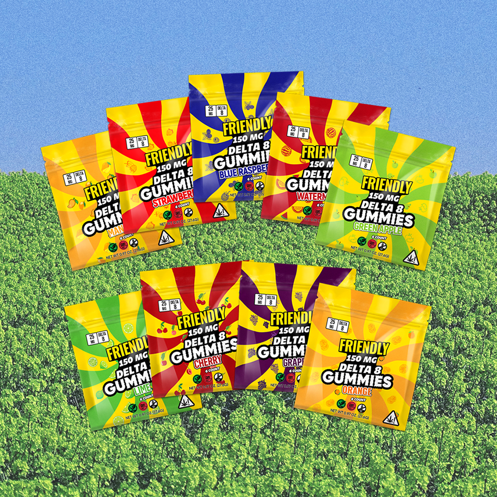 Image of Friendly Hemp's best-selling edibles on a green field background.