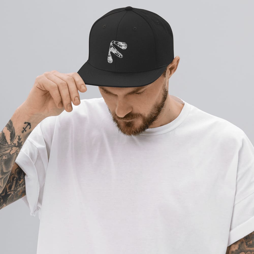 Male model wearing Black Friendly Snapback Hat - White