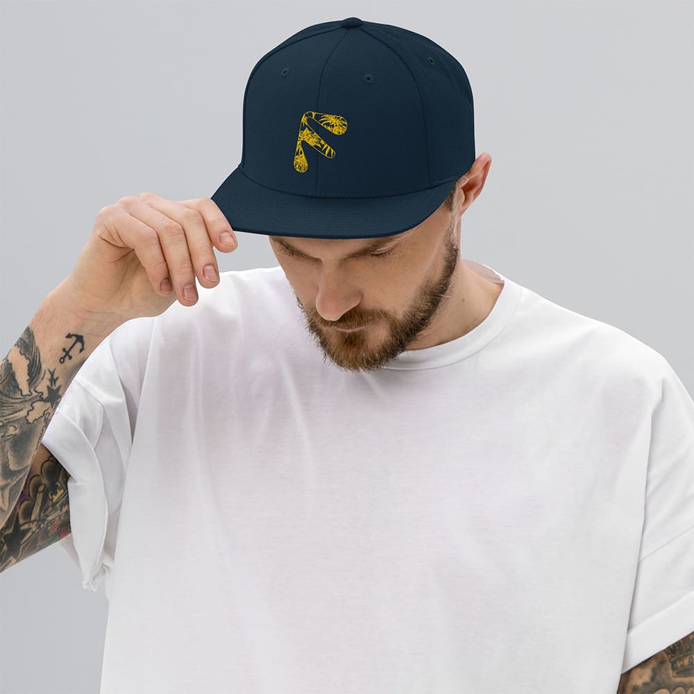 Male model wearing Dark Navy Friendly Snapback Hat - Yellow